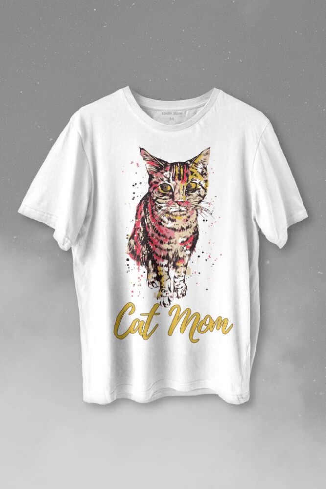 Cat Mom Kedi Mother Annesi Sevimli Masum Rengarenk Kedi Çizim Silüeti Baskılı Tişört Unisex T-shirt - 1