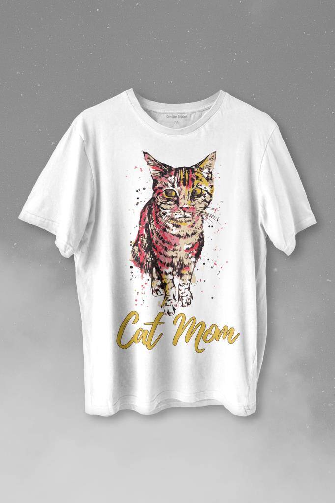 Cat Mom Kedi Mother Annesi Sevimli Masum Rengarenk Kedi Çizim Silüeti Baskılı Tişört Unisex T-shirt