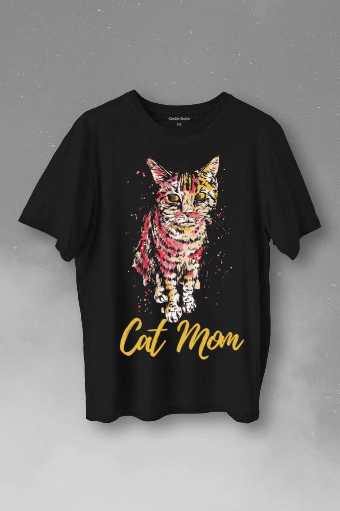 Cat Mom Kedi Mother Annesi Sevimli Masum Rengarenk Kedi Çizim Silüeti Baskılı Tişört Unisex T-Shirt - 1