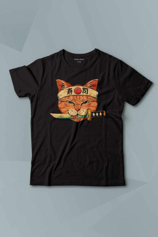 Cat Sushi Japanese Vintage Sokak Baskılı Siyah T-shirt Çocuk Tişört - KENDİM SEÇTİM