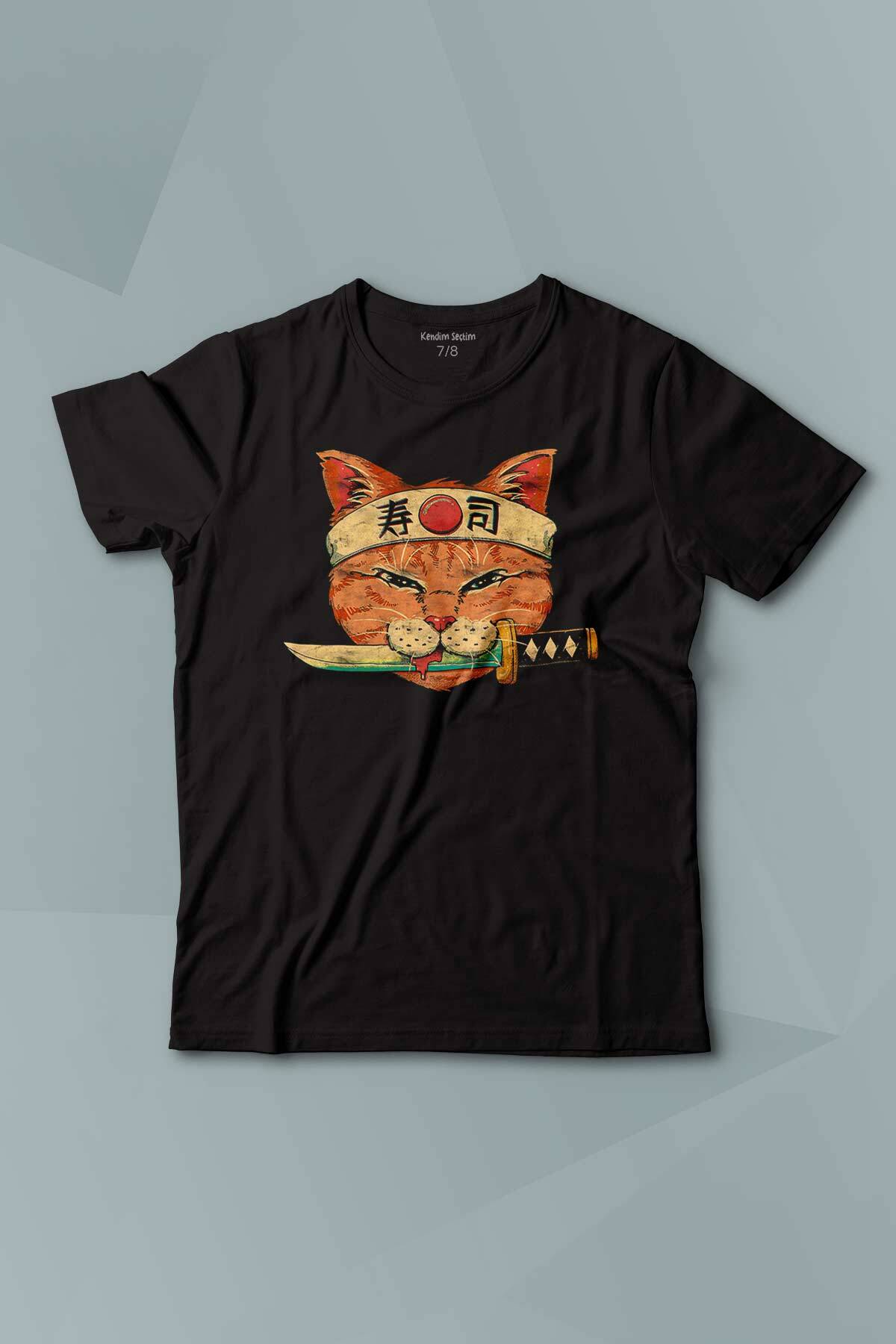 Cat Sushi Japanese Vintage Sokak Baskılı Siyah T-shirt Çocuk Tişört - 1