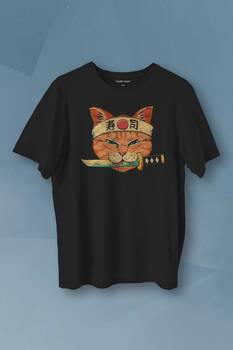 Cat Sushi Japanese Vintage Sokak Baskılı Siyah T-shirt Unisex Tişört