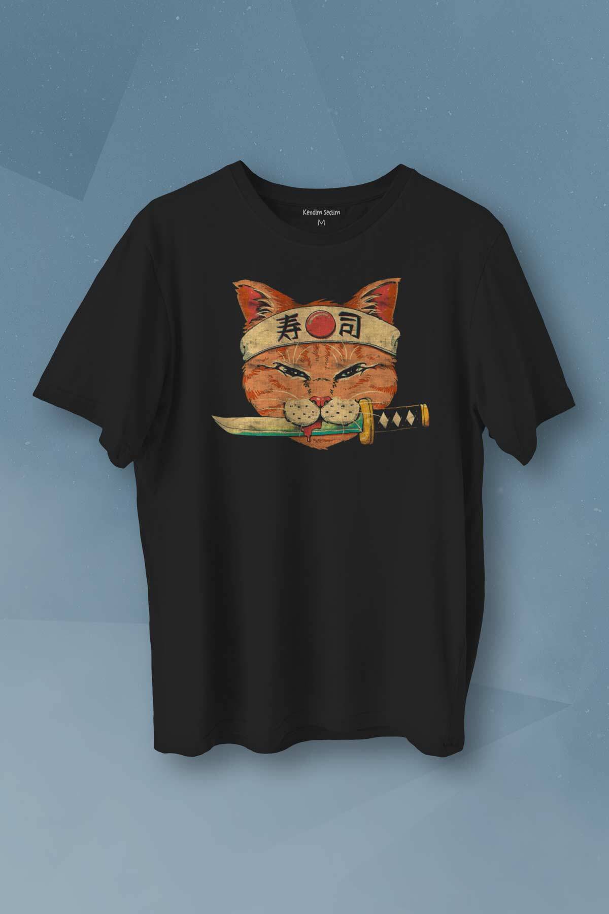 Cat Sushi Japanese Vintage Sokak Baskılı Siyah T-shirt Unisex Tişört - 1
