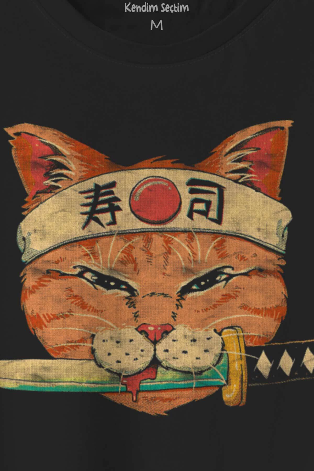 Cat Sushi Japanese Vintage Sokak Baskılı Siyah T-shirt Unisex Tişört - 2