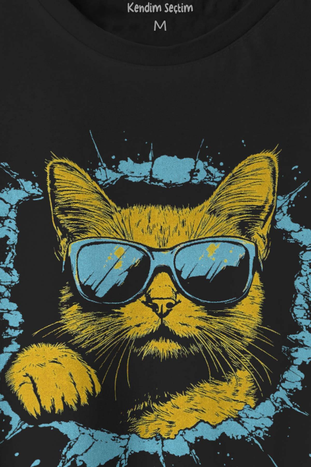 Cat With Glasses Gözlüklü Kedi Sarı Mavi Baskılı Tişört Unisex Siyah T-shirt  (1)
