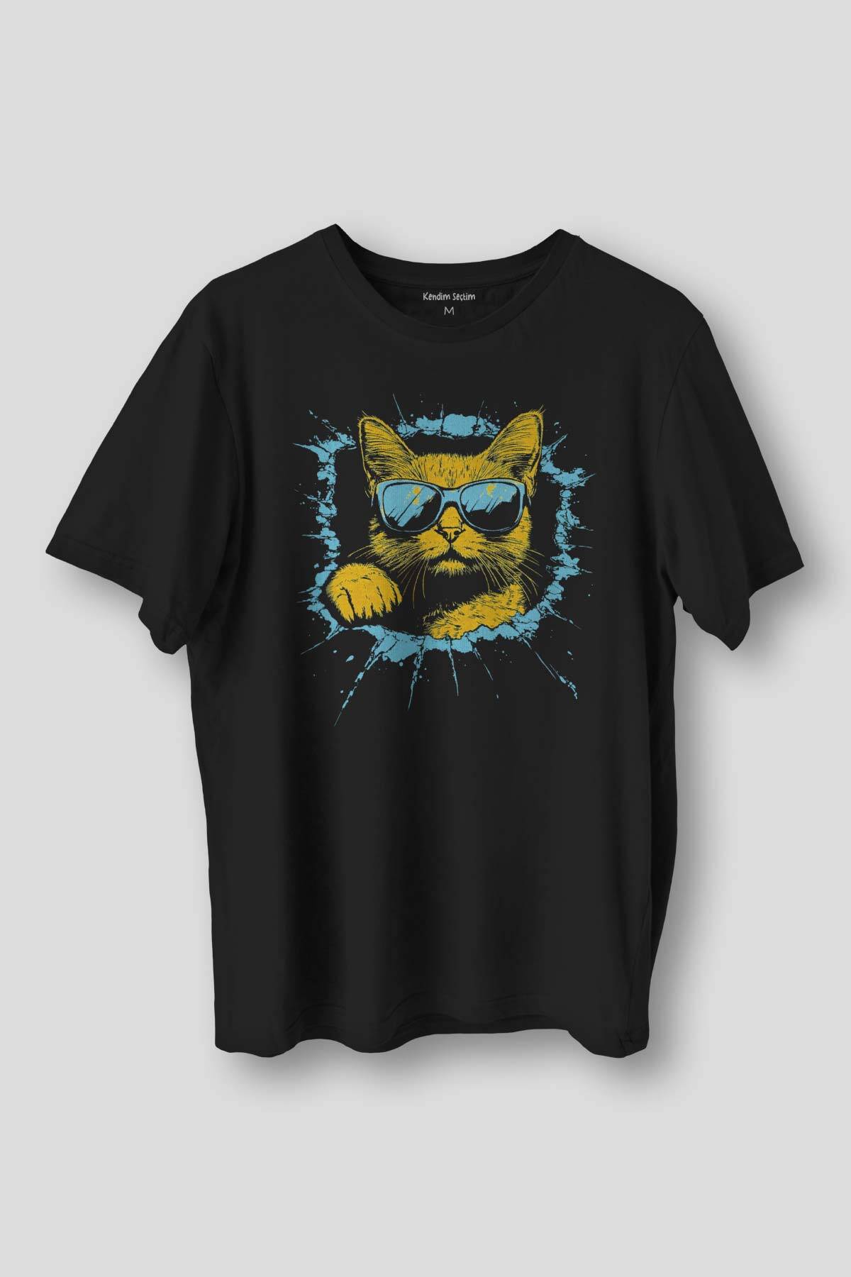 Cat With Glasses Gözlüklü Kedi Sarı Mavi Baskılı Tişört Unisex Siyah T-shirt