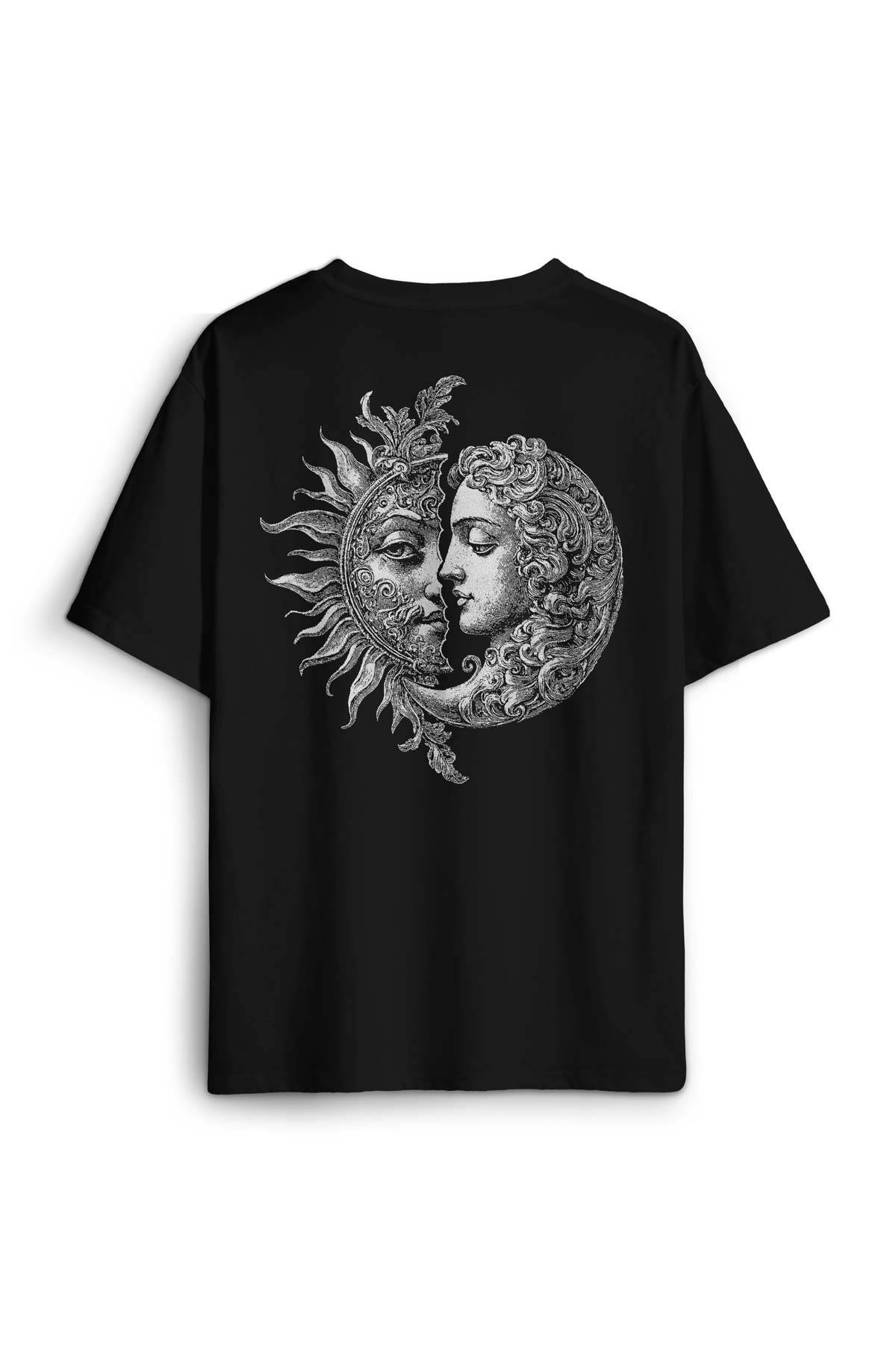 Celestal Balance Sun And Moon Güneş Ve Ay Astroloji Ying Yang Baskılı Oversize T-shirt Siyah Tişört (1)