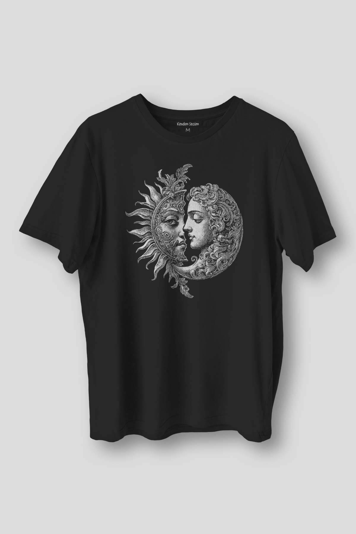 Celestal Balance Sun And Moon Güneş ve Ay Sevgi Uzay Astroloji Ying Yang Baskılı Siyah Tişört - 1