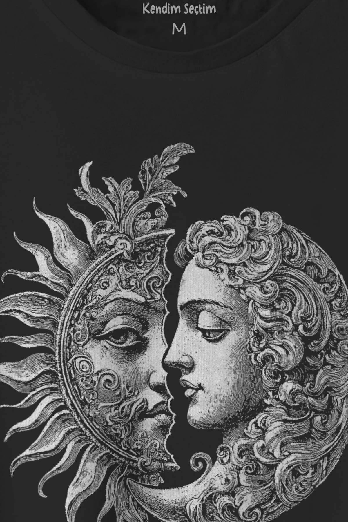 Celestal Balance Sun And Moon Güneş ve Ay Sevgi Uzay Astroloji Ying Yang Baskılı Siyah Tişört - 2