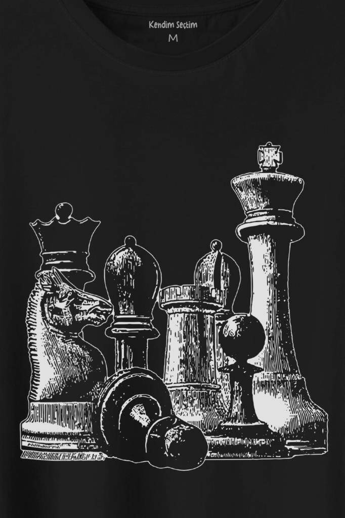 Chess Satranç Taşları Fil At Kale Vezir Santranç Baskılı Tişört Unisex T-Shirt (1)