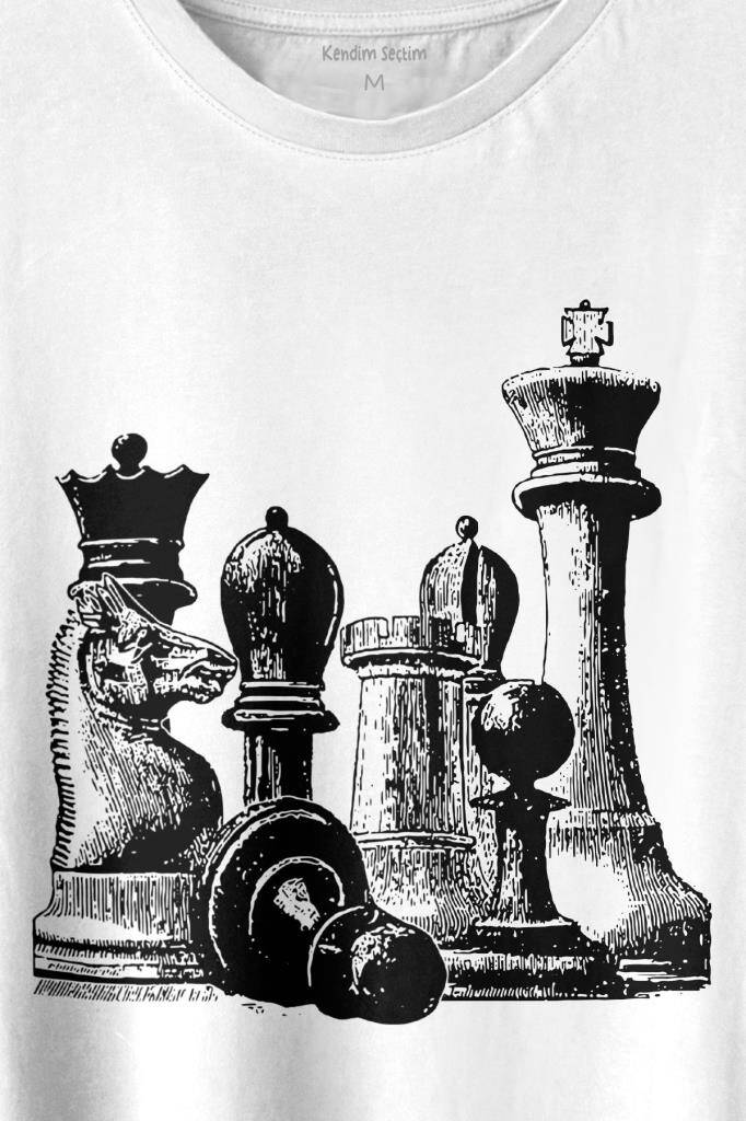 Chess Satranç Taşları Fil At Kale Vezir Santranç Baskılı Tişört Unisex T-shirt (1)