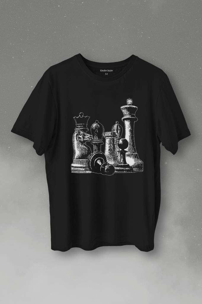 Chess Satranç Taşları Fil At Kale Vezir Santranç Baskılı Tişört Unisex T-Shirt - 1