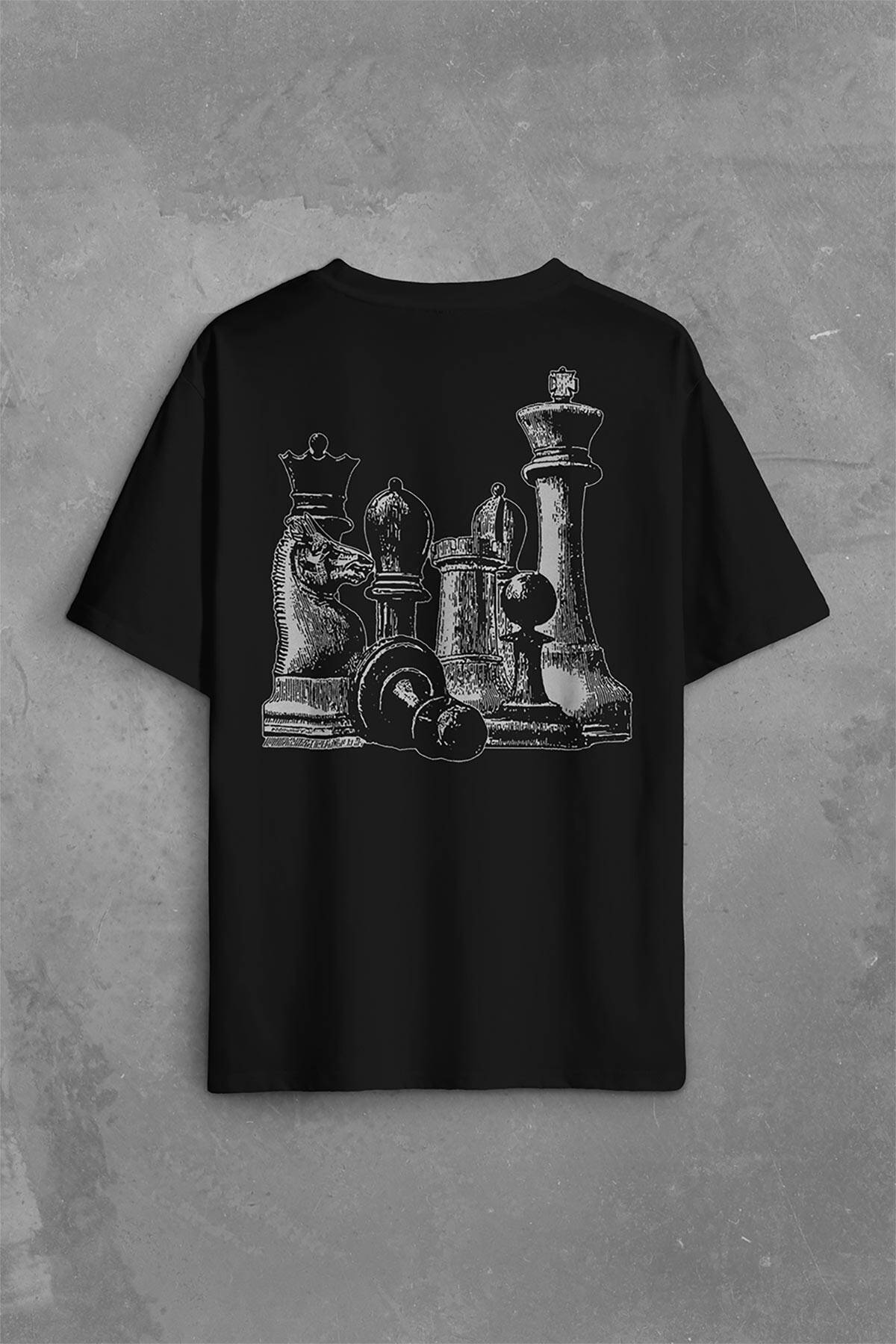Chess Satranç Taşları Fil At Kale Vezir Santranç Sırt Ön Baskılı Oversize Tişört Unisex T-Shirt - 1