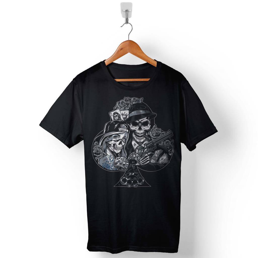 Chicano Style Maça Kızı As Gungs Kuru Kafa Baskılı Tişört Unisex T-Shirt - 1