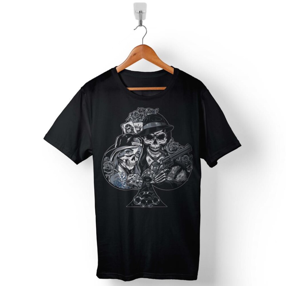 Chicano Style Maça Kızı As Gungs Kuru Kafa Baskılı Tişört Unisex T-Shirt - 1
