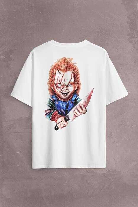Chucky Charles Lee Ray Oyuncak Bebek Bıçak Sırt Ön Baskılı Oversize Tişört Unisex T-Shirt - 2