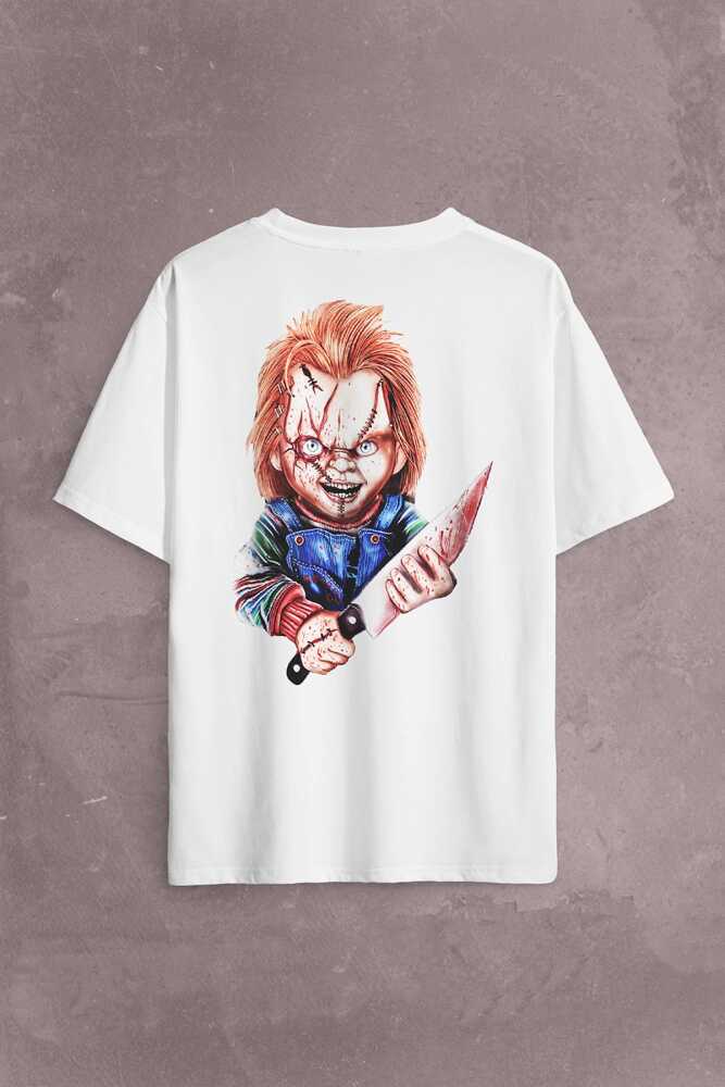 Chucky Charles Lee Ray Oyuncak Bebek Bıçak Sırt Ön Baskılı Oversize Tişört Unisex T-Shirt (1)