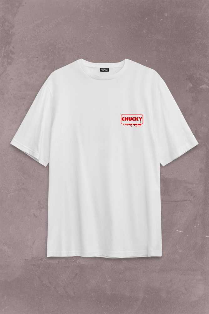Chucky Charles Lee Ray Oyuncak Bebek Bıçak Sırt Ön Baskılı Oversize Tişört Unisex T-Shirt - 1