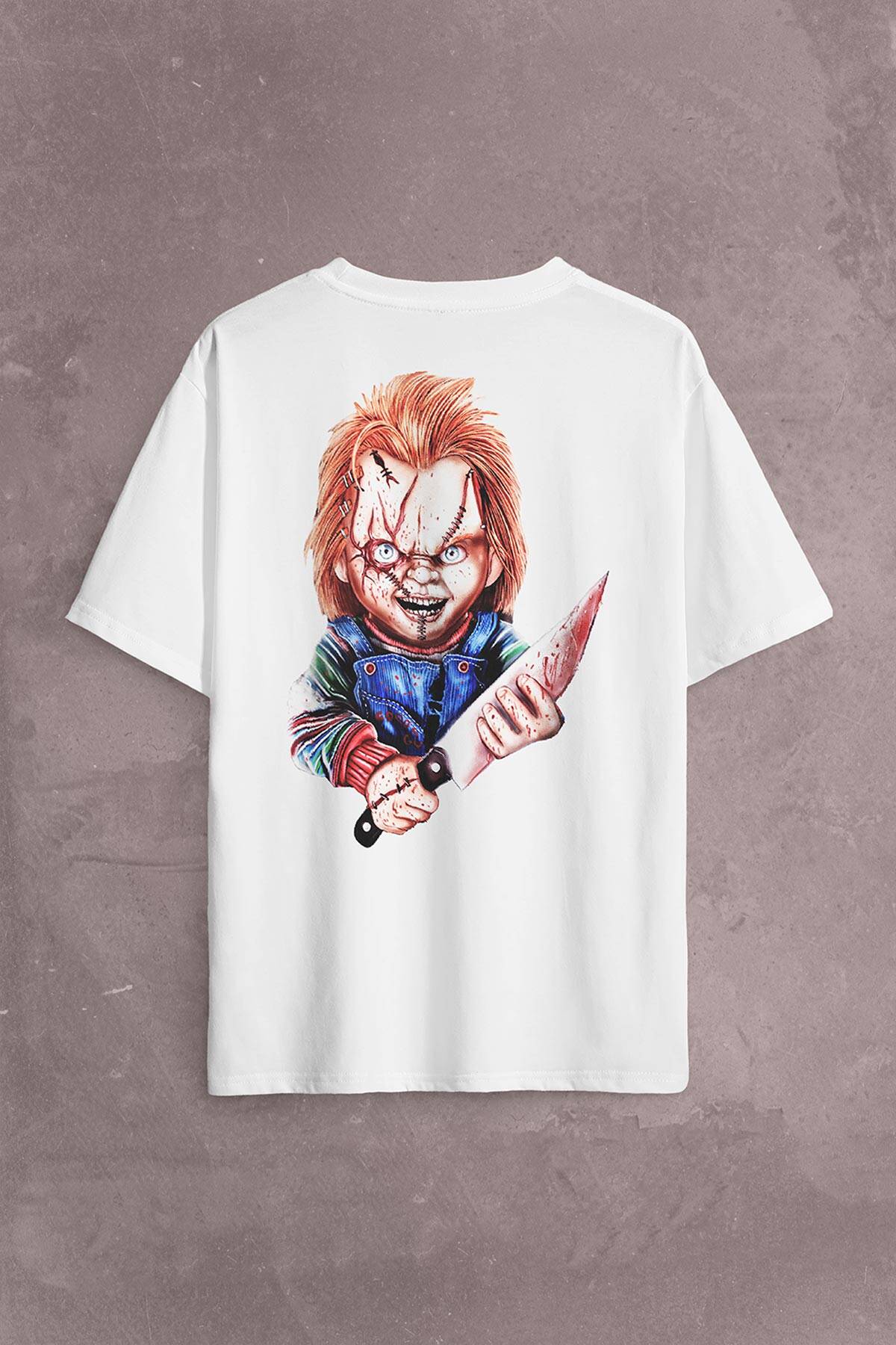 Chucky Charles Lee Ray Oyuncak Bebek Bıçak Sırt Ön Baskılı Oversize Tişört Unisex T-Shirt (1)