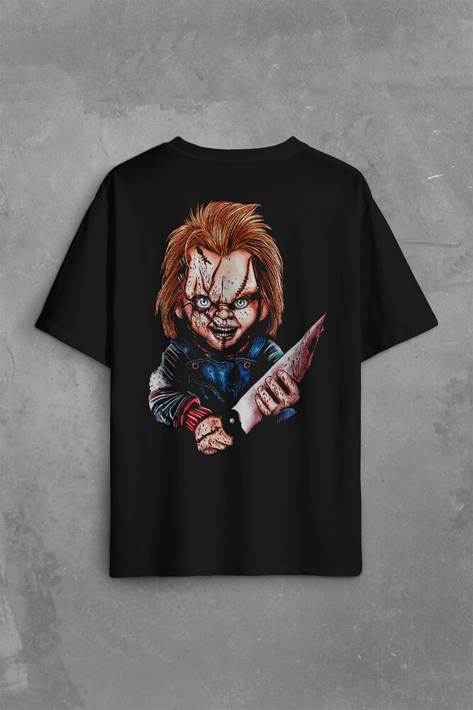 Chucky Charles Lee Ray Oyuncak Bebek Bıçak Sırt Ön Baskılı Oversize Tişört Unisex T-Shirt (1)
