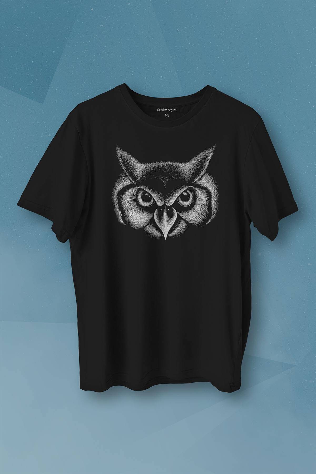 Çizgisel Baykuş Kafası Silüeti Owl Baskılı Tişört Unisex T-shirt - 1