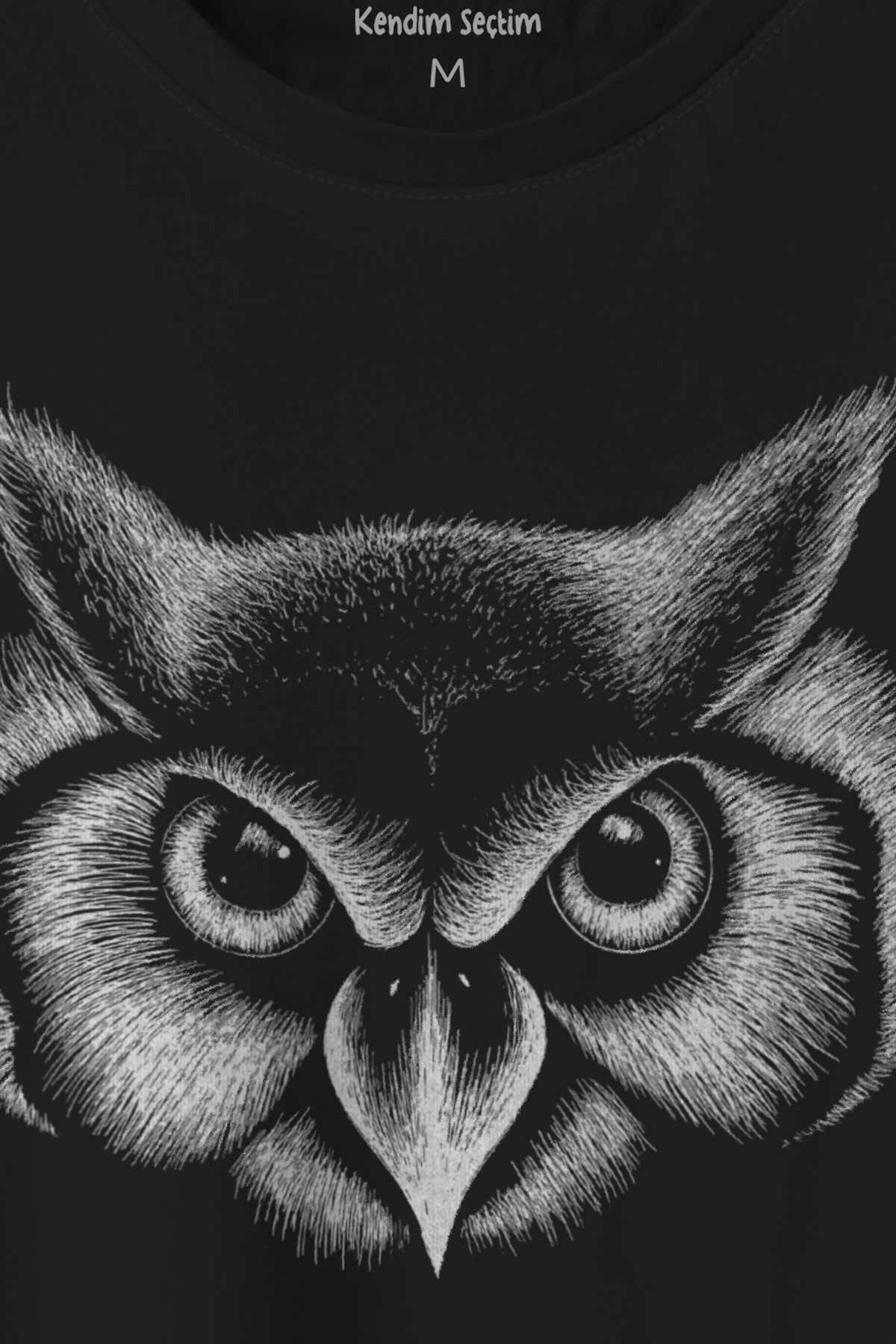 Çizgisel Baykuş Kafası Silüeti Owl Baskılı Tişört Unisex T-shirt - 2