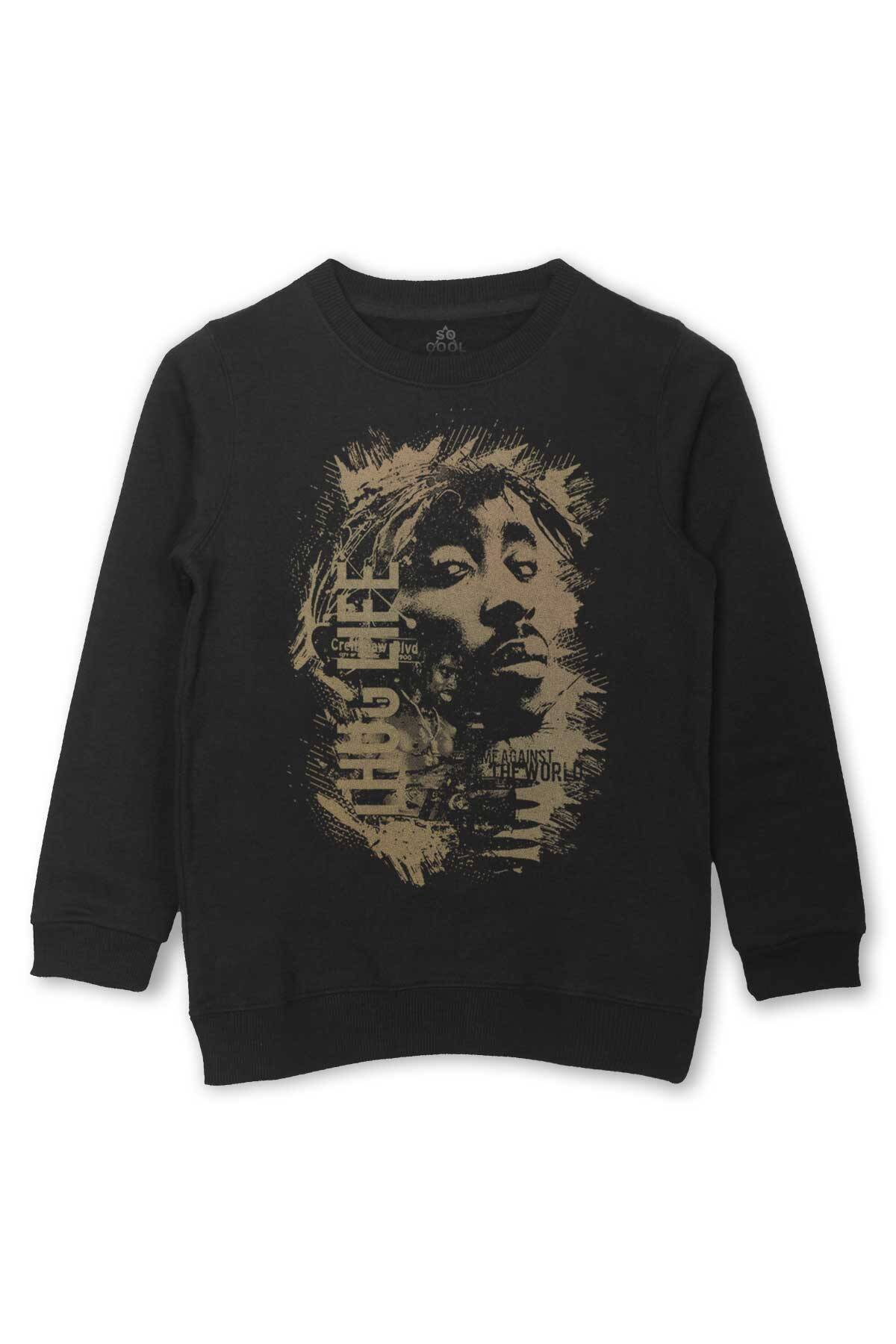 Çocuk Sweatshirt 2Pac Hip Hip Rap Amerika West Coast Baskılı Siyah Sweat - 1