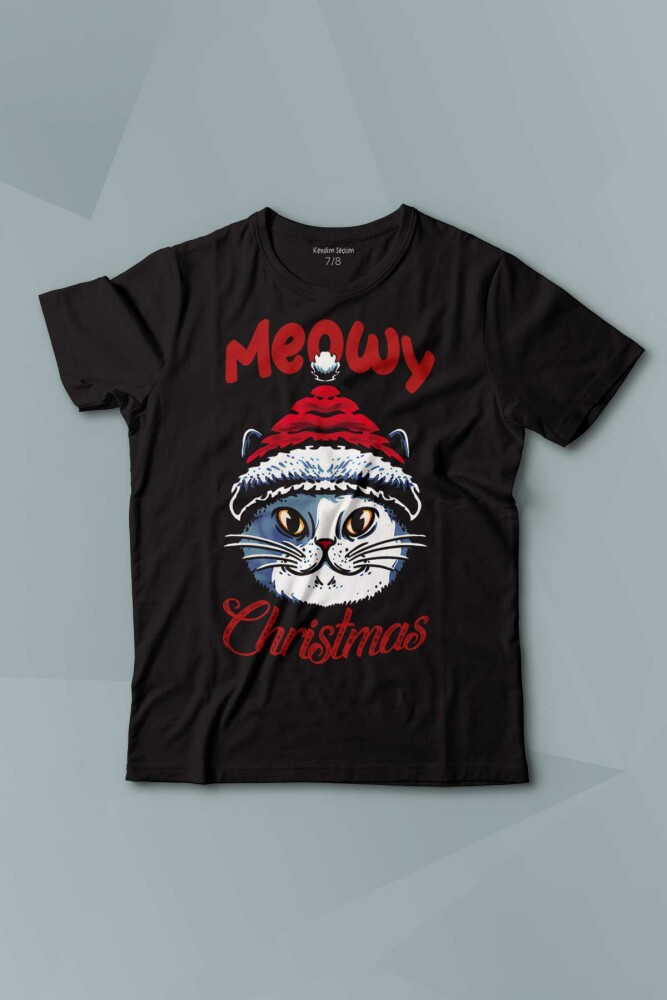 Çocuk Tişört Kedi Cat Meow Christmas Noel New Year Yılbaşı Baskılı T-shirt - 1