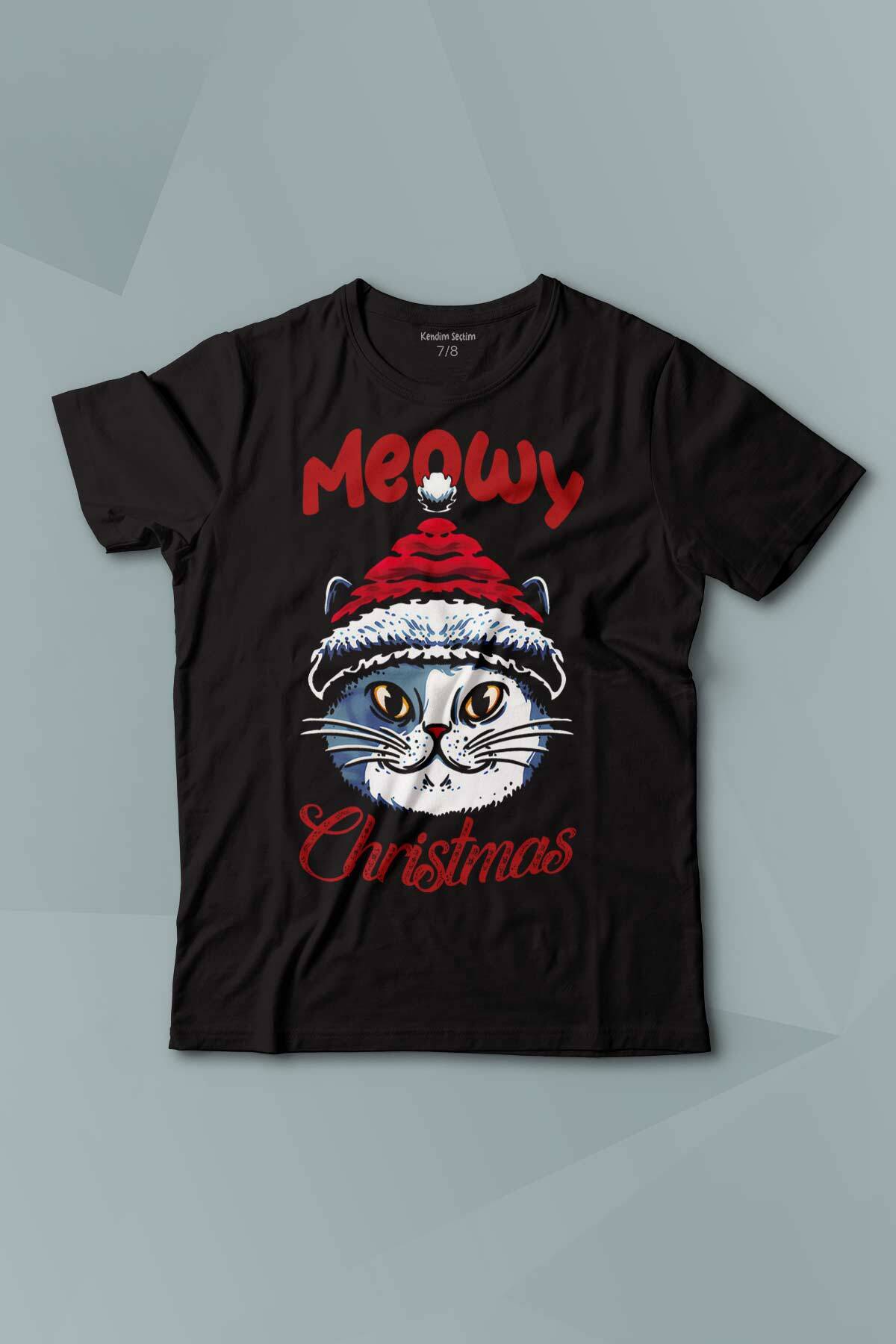 Çocuk Tişört Kedi Cat Meow Christmas Noel New Year Yılbaşı Baskılı T-shirt - 1