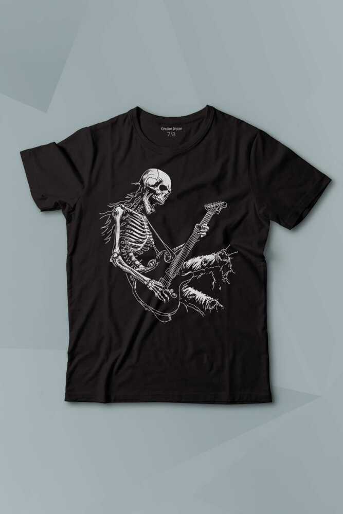 Çocuk Tişört Skeleton Playing Guitar Heavy Metal Skull İskelet Gitar Rock Baskılı T-shirt - 1