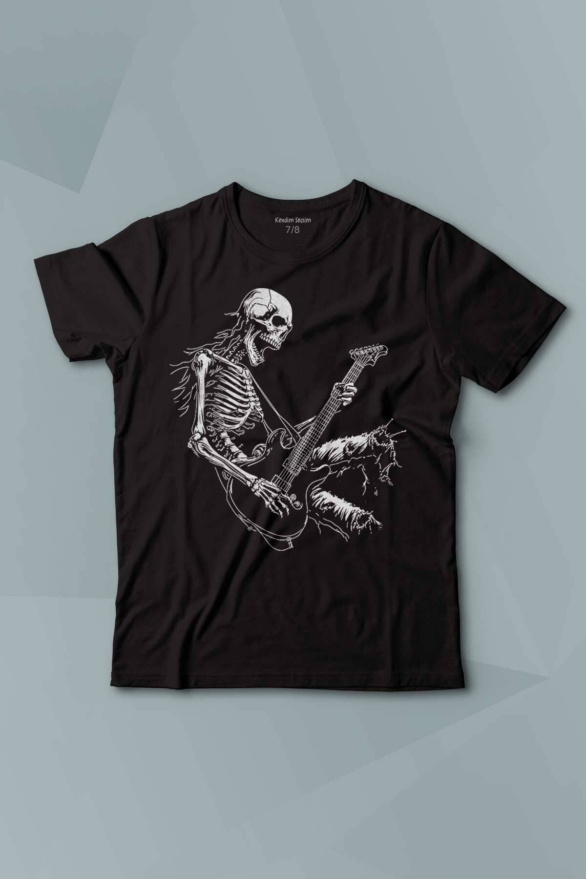 Çocuk Tişört Skeleton Playing Guitar Heavy Metal Skull İskelet Gitar Rock Baskılı T-shirt - 1