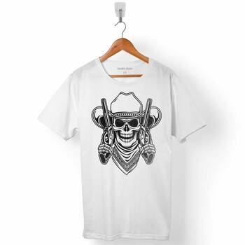 COWBOY SKULL HOLD GUNS OUTLAW KOVBOY KURU KAFA ERKEK TİŞÖRT - 1