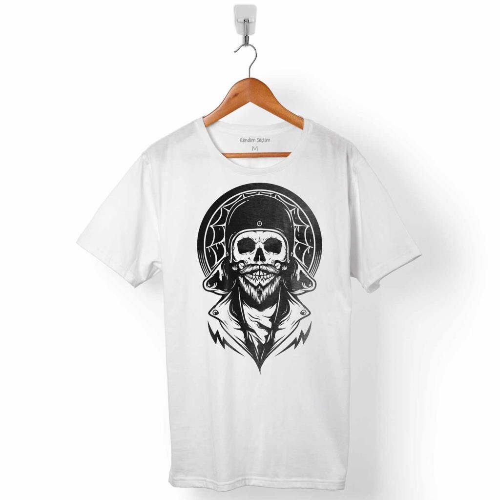 CREEPY SKULL WEARING HELMET KURU KAFA CAFE RACER ERKEK TİŞÖRT - 1