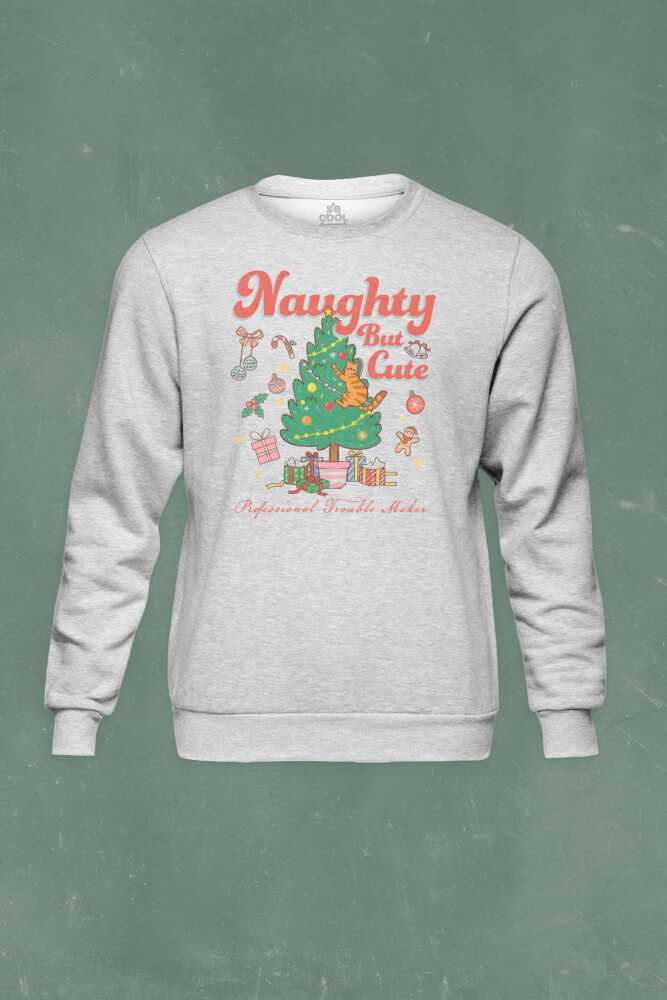 Cute Cat Sevimli Kedi Yeni Yıl Noel Yılbaşı Christmas Baskılı Gri Sweatshirt Bisiklet Yaka Sweat