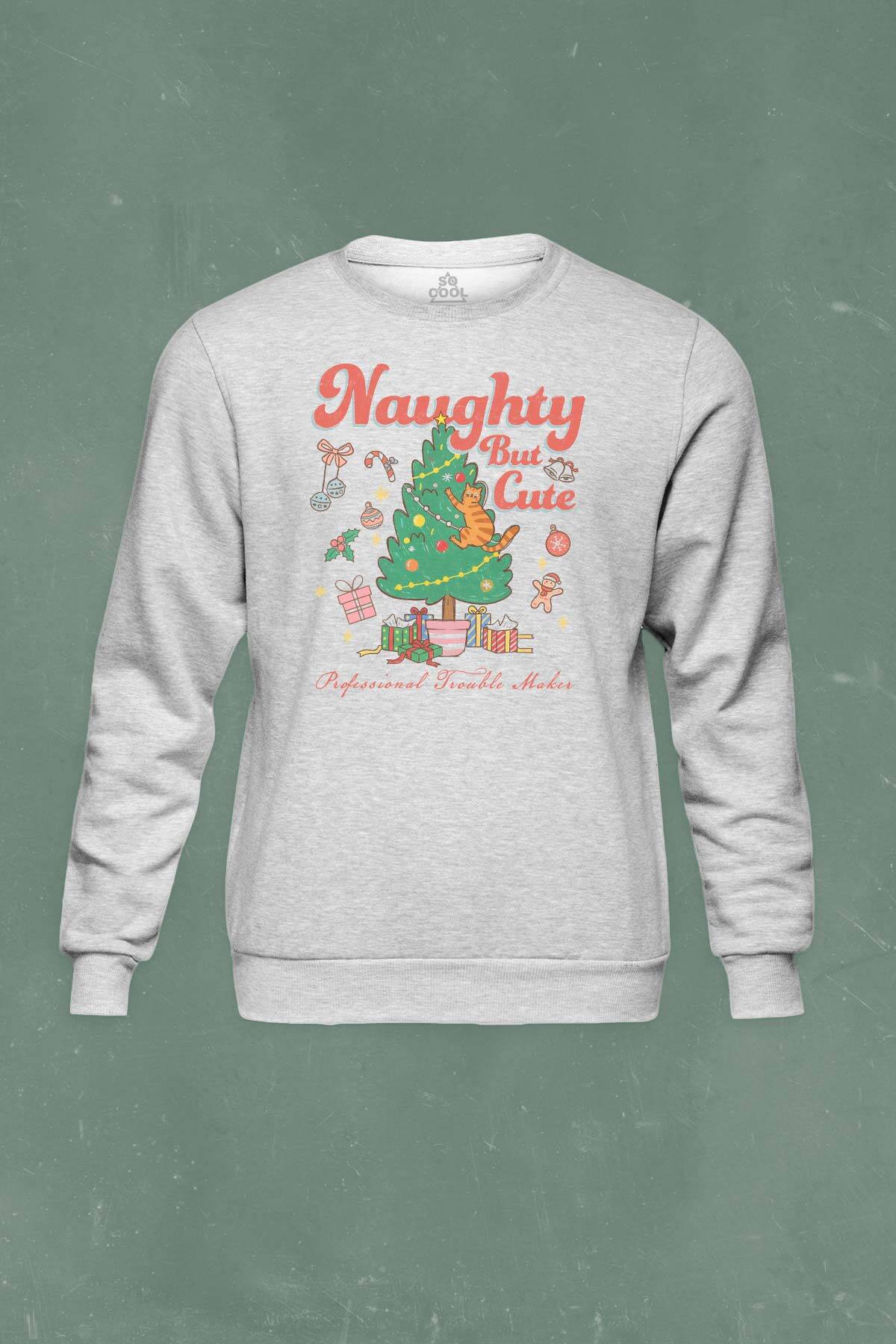 Cute Cat Sevimli Kedi Yeni Yıl Noel Yılbaşı Christmas Baskılı Gri Sweatshirt Bisiklet Yaka Sweat - 1