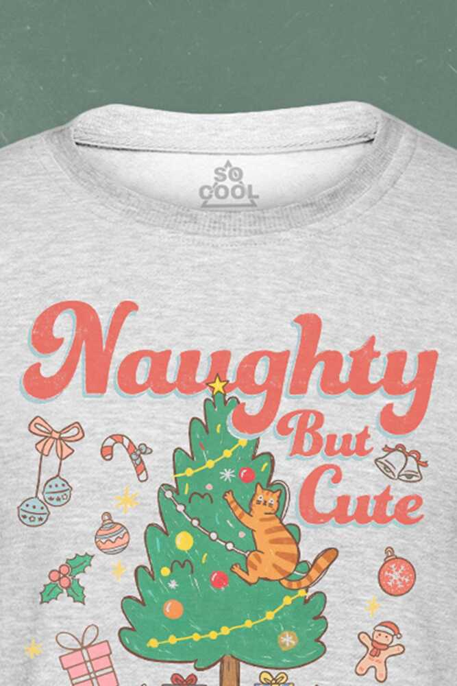 Cute Cat Sevimli Kedi Yeni Yıl Noel Yılbaşı Christmas Baskılı Gri Sweatshirt Bisiklet Yaka Sweat (1)