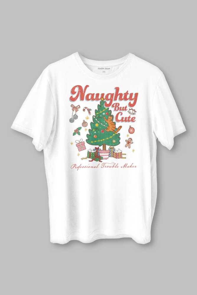 Cute Cat Sevimli Kedi Yeni Yıl Noel Yılbaşı Christmas Baskılı Tişört Unisex Beyaz T-shirt