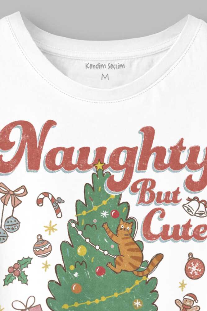 Cute Cat Sevimli Kedi Yeni Yıl Noel Yılbaşı Christmas Baskılı Tişört Unisex Beyaz T-shirt (1)