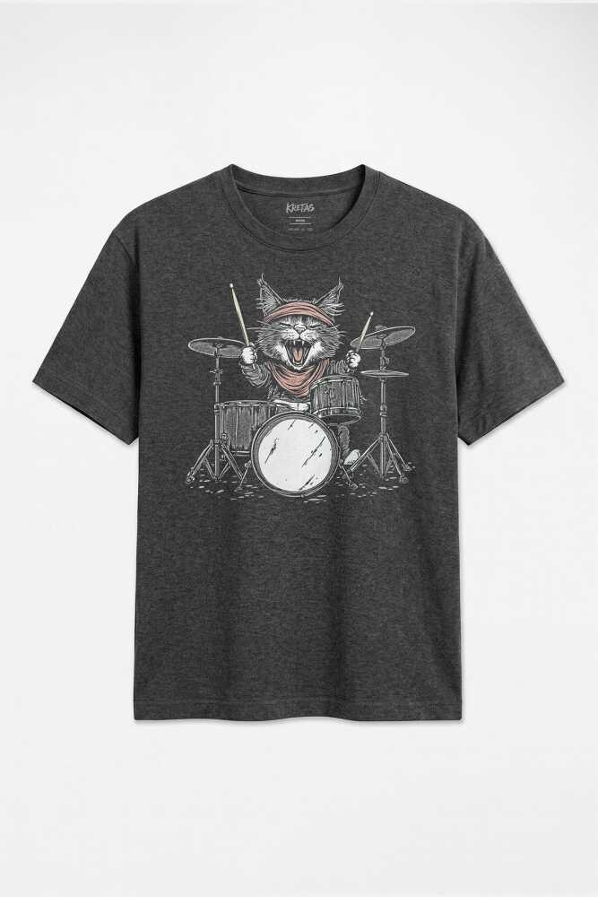 Davul Çalan Kedi Baterist Drummer Cat Rock Müzik Unisex Regular Fit Antrasit Melanj Tişört - 1