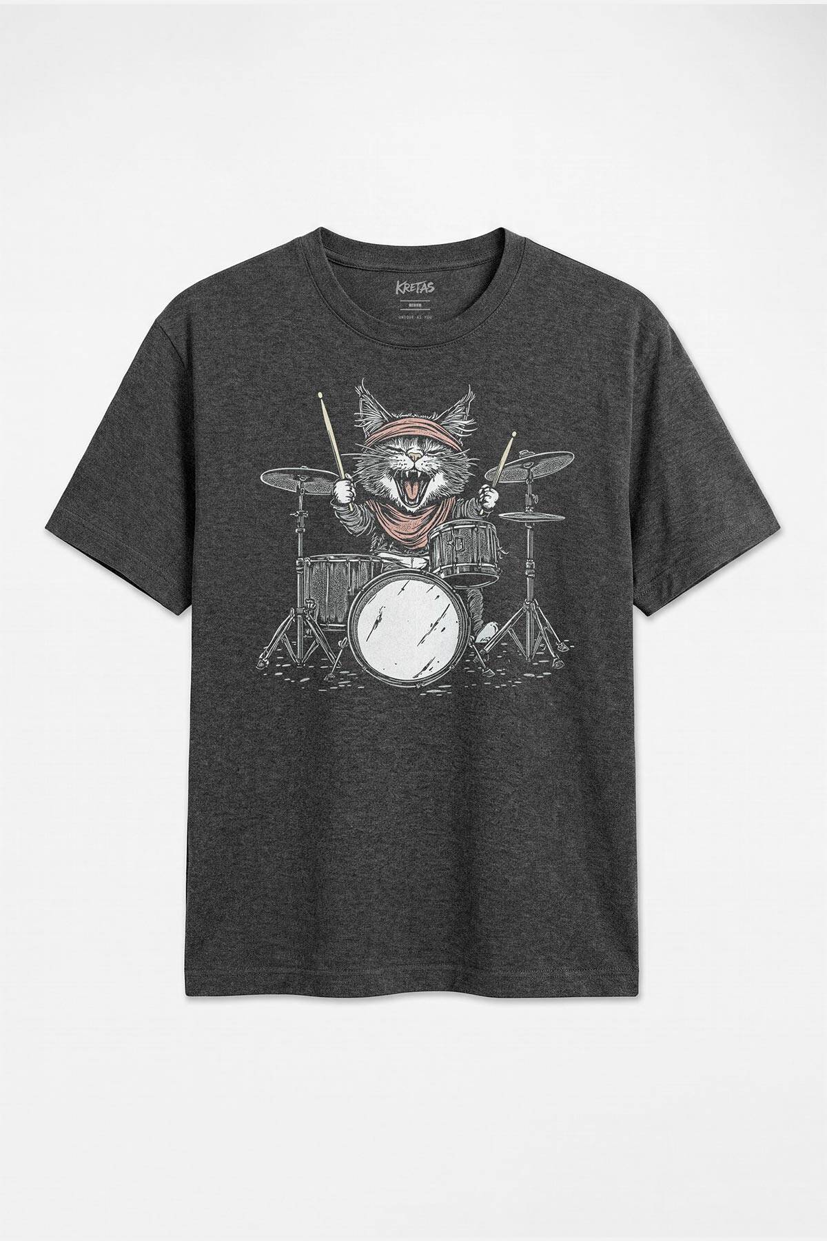 Davul Çalan Kedi Baterist Drummer Cat Rock Müzik Unisex Regular Fit Antrasit Melanj Tişört