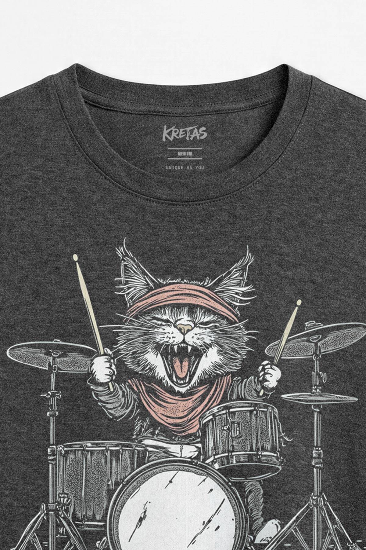 Davul Çalan Kedi Baterist Drummer Cat Rock Müzik Unisex Regular Fit Antrasit Melanj Tişört (1)