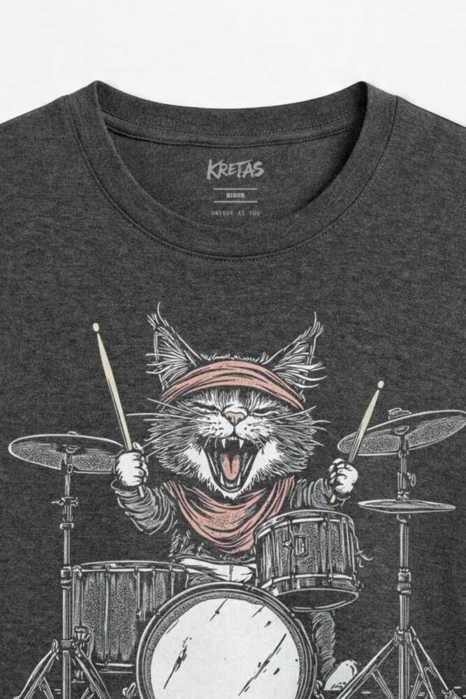 Davul Çalan Kedi Baterist Drummer Cat Rock Müzik Unisex Regular Fit Antrasit Melanj Tişört (1)