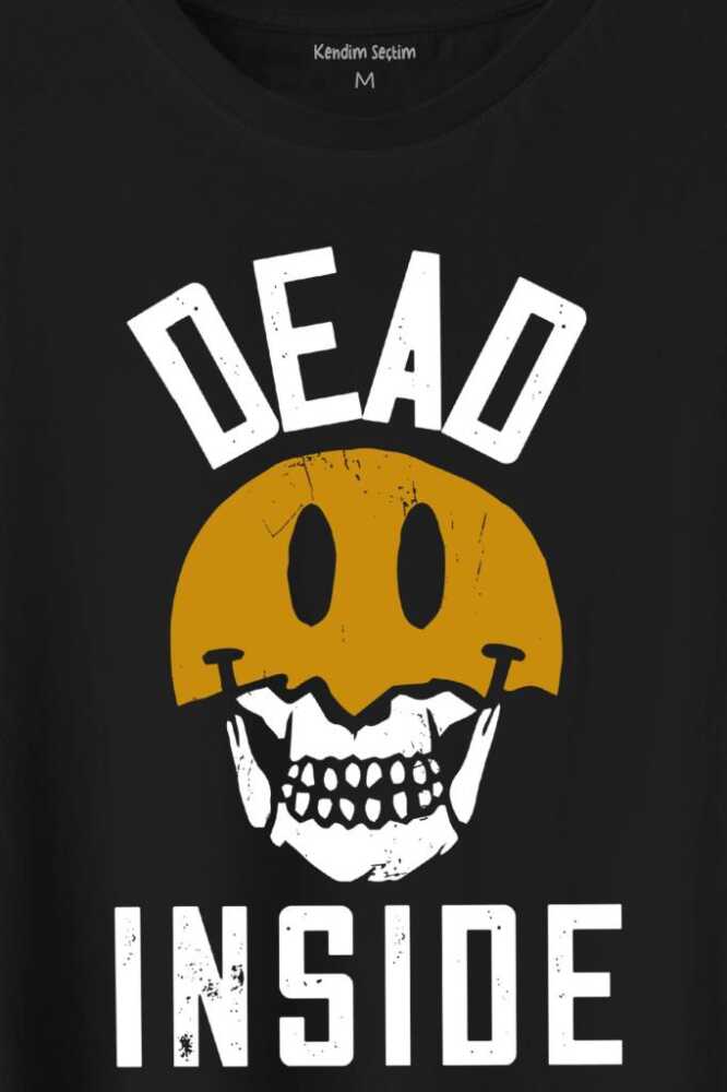 Dead Inside Smiley Skull Smile Gülen Surat Kurukafa Baskılı Tişört Unisex T-Shirt - 2