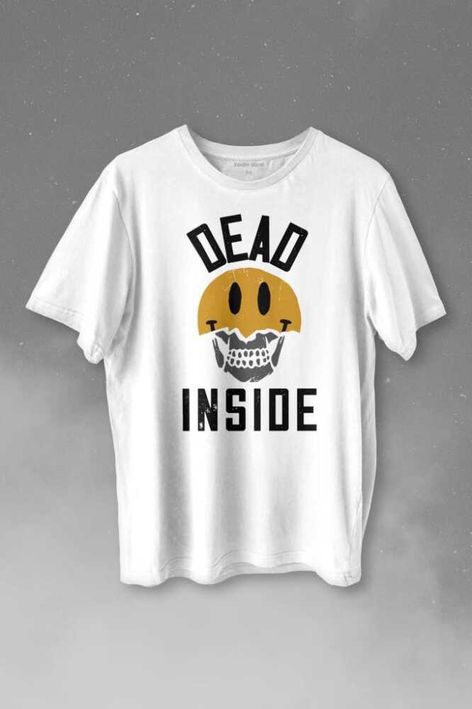 Dead Inside Smiley Skull Smile Gülen Surat Kurukafa Baskılı Tişört Unisex T-shirt - 1