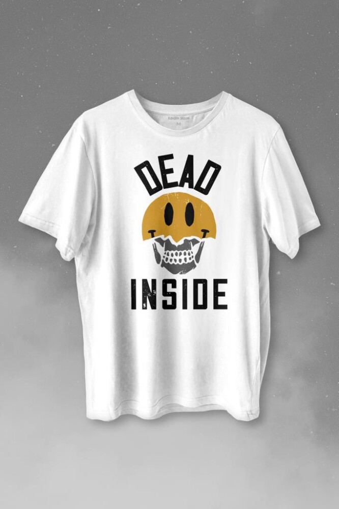 Dead Inside Smiley Skull Smile Gülen Surat Kurukafa Baskılı Tişört Unisex T-shirt - KENDİM SEÇTİM