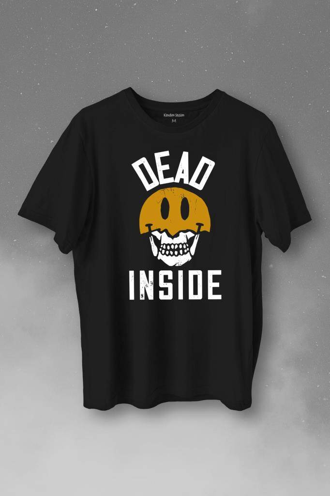 Dead Inside Smiley Skull Smile Gülen Surat Kurukafa Baskılı Tişört Unisex T-Shirt - 1
