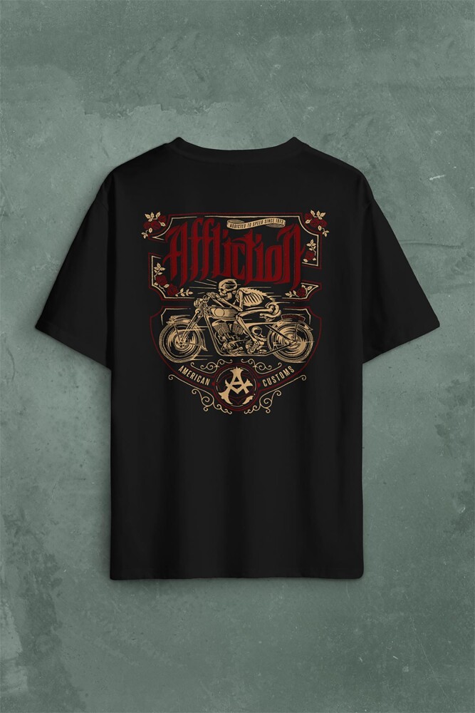 Death Rider Affliction Ölüm Sürücüsü Motosiklet Sırt Ön Baskılı Oversize Tişört Unisex T-Shirt - 1
