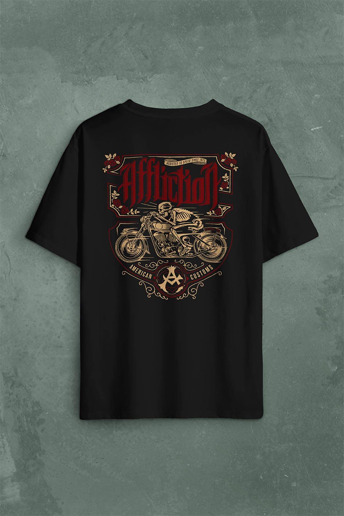 Death Rider Affliction Ölüm Sürücüsü Motosiklet Sırt Ön Baskılı Oversize Tişört Unisex T-Shirt - 1