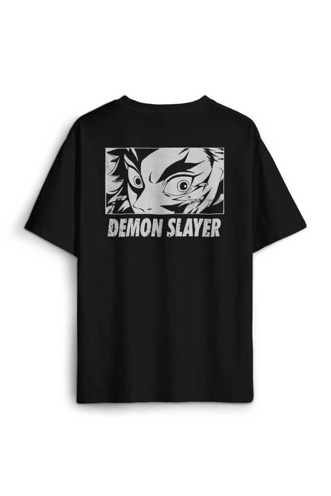 Demon Slayer Anime Sırt Ön Baskılı Siyah Oversize Tişört Unisex T-Shirt (1)
