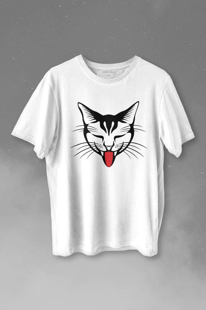 Dilini Çıkaran Sevimli Kedi Cat Music Baskılı Tişört Unisex T-shirt - 1